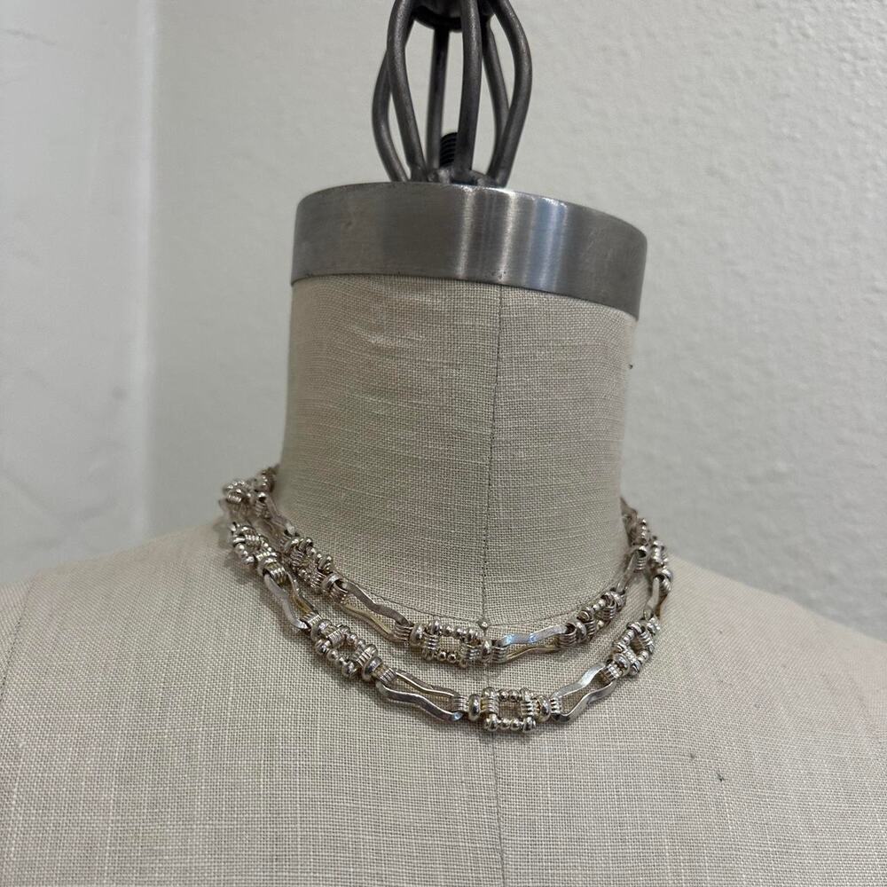 Vintage Silver Tone Long or Double Strand Sculptural Link Chain Necklace